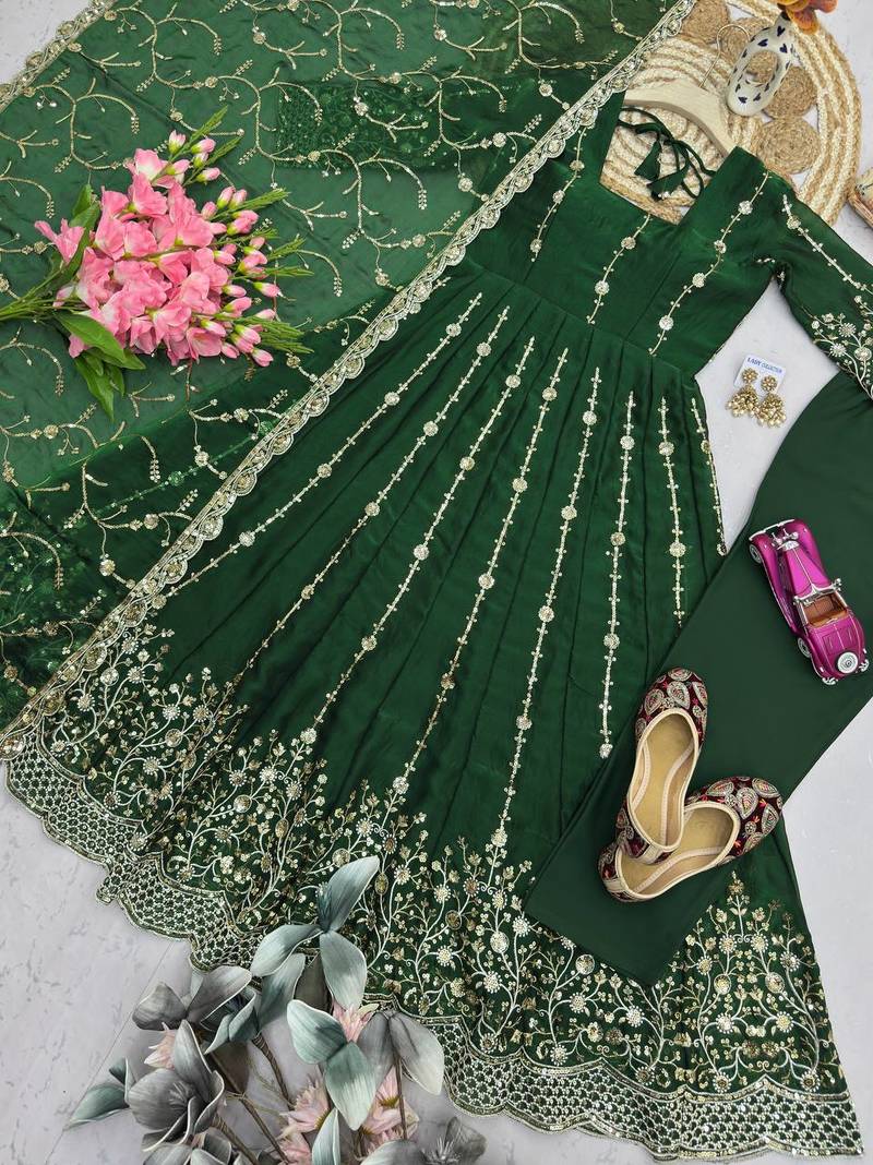 Designer green heavy zari & sequins work anarkali gown