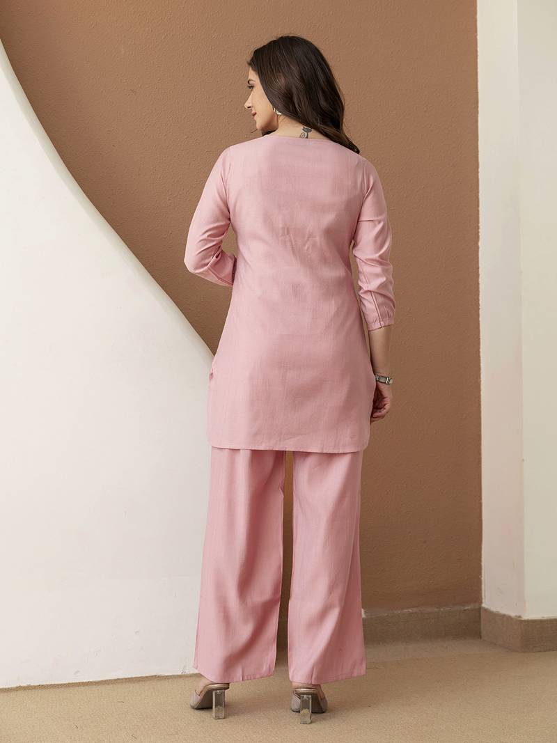 Women's stylish peach soft viscose silk kurta and pant casual wear co-ord set