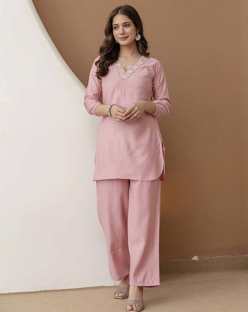 Women's stylish peach soft viscose silk kurta and pant casual wear co-ord set