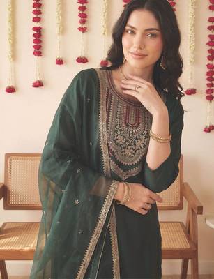 Women Ethnic Motifs Embroidered Regular Sequinned Liva Kurta with Trousers & With Dupatta 2