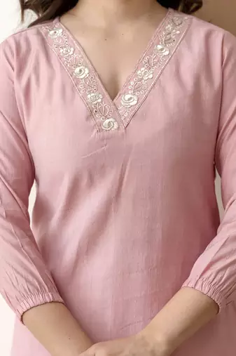 Women's stylish peach soft viscose silk kurta and pant casual wear co-ord set