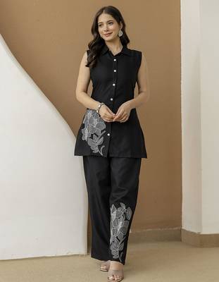Women’s black cambric cotton embroidery work co-ord set with shirt style top and straight pant 1