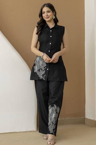 Women’s black cambric cotton embroidery work co-ord set with shirt style top and straight pant