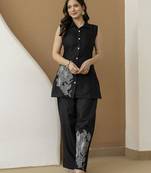 Women’s black cambric cotton embroidery work co-ord set with shirt style top and straight pant