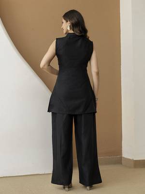 Women’s black cambric cotton embroidery work co-ord set with shirt style top and straight pant 2
