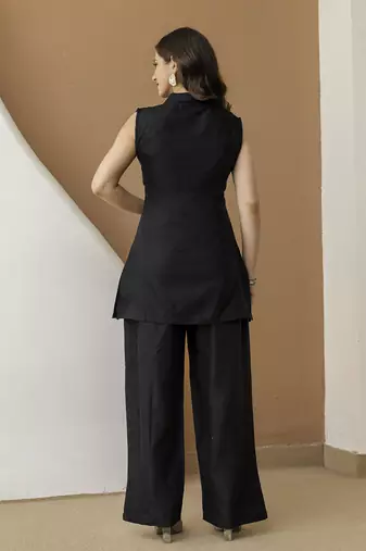 Women’s black cambric cotton embroidery work co-ord set with shirt style top and straight pant
