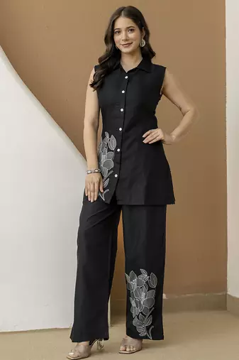 Women’s black cambric cotton embroidery work co-ord set with shirt style top and straight pant
