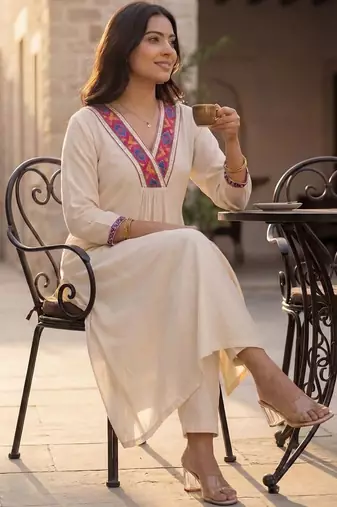Women Ethnic Motifs Embroidered Regular Thread Work Liva Kurta with Trousers