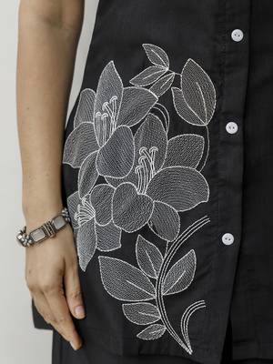 Women’s black cambric cotton embroidery work co-ord set with shirt style top and straight pant 5