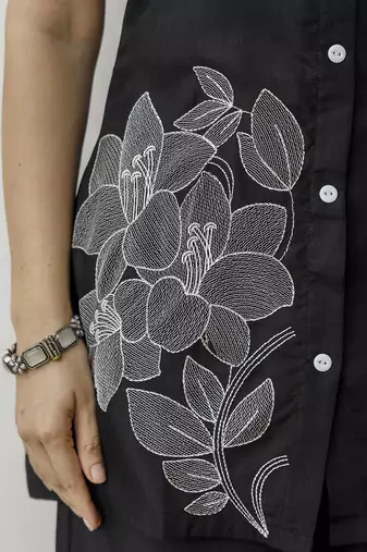 Women’s black cambric cotton embroidery work co-ord set with shirt style top and straight pant