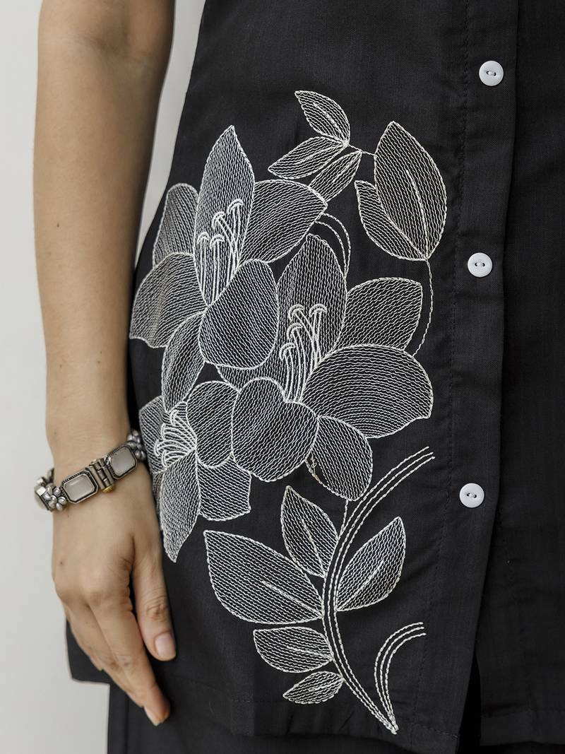 Women’s black cambric cotton embroidery work co-ord set with shirt style top and straight pant