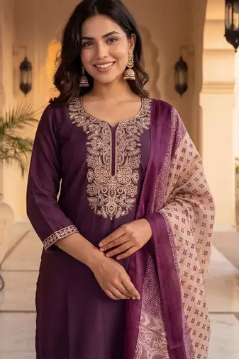 Women Ethnic Motifs Embroidered Regular Thread Work Kurta with Trousers & With Dupatta