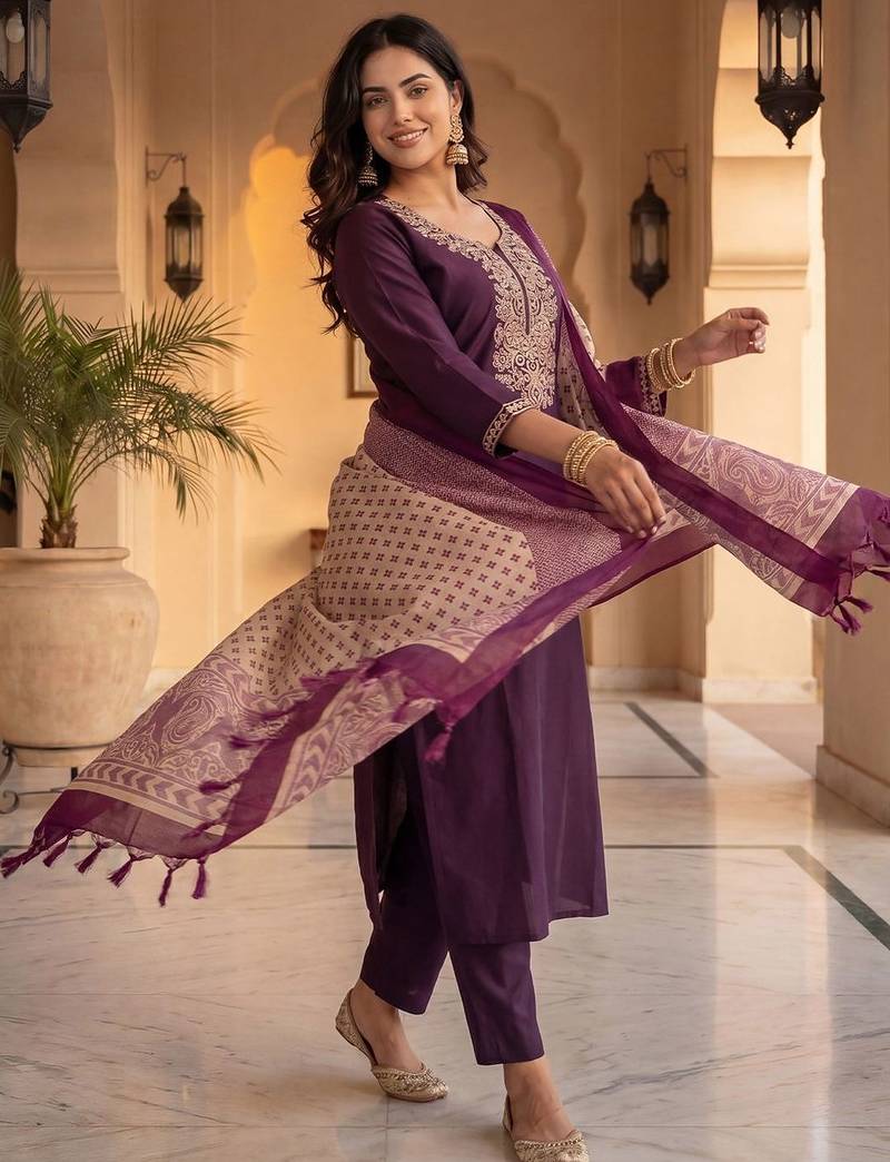 Women Ethnic Motifs Embroidered Regular Thread Work Kurta with Trousers & With Dupatta