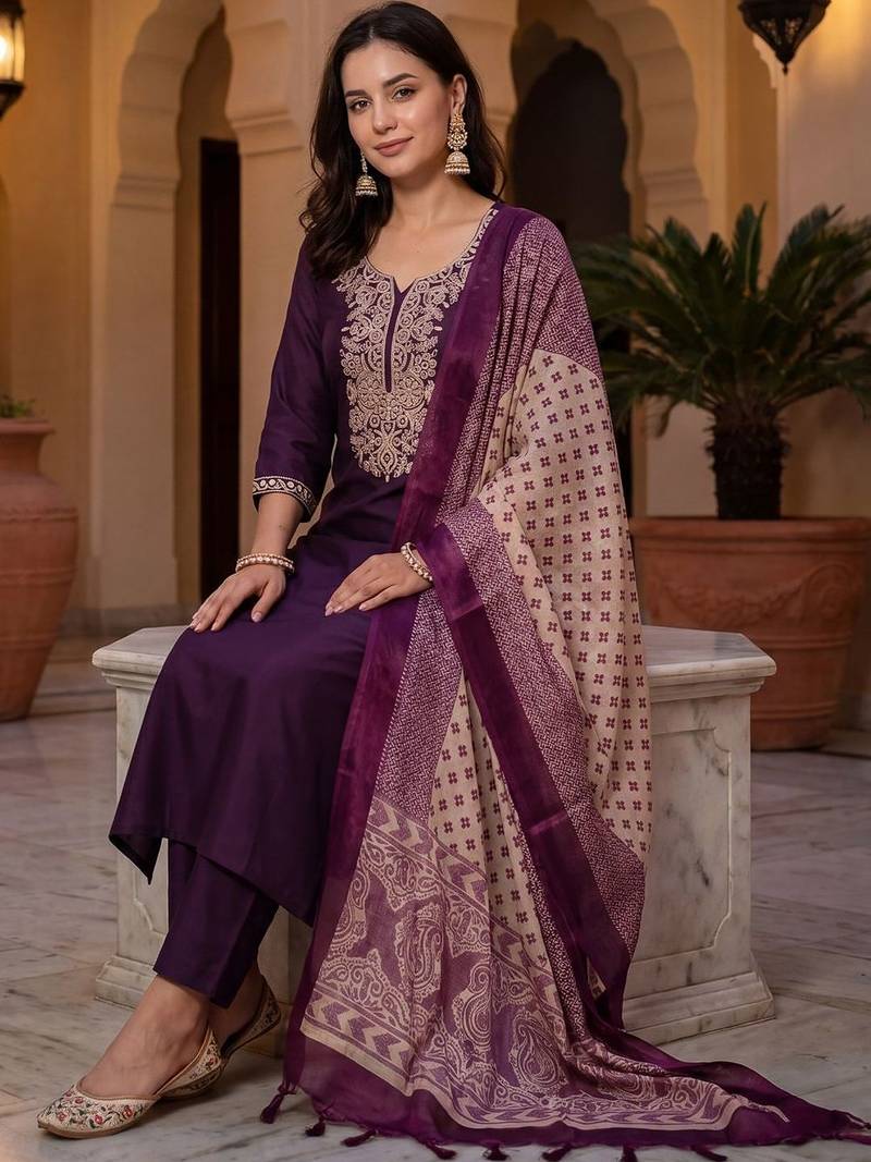 Women Ethnic Motifs Embroidered Regular Thread Work Kurta with Trousers & With Dupatta