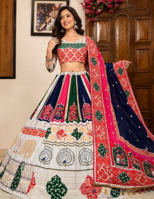 Multicolor Printed Muslin Cotton Blend Mirror Work Navratri Lehenga Choli 1