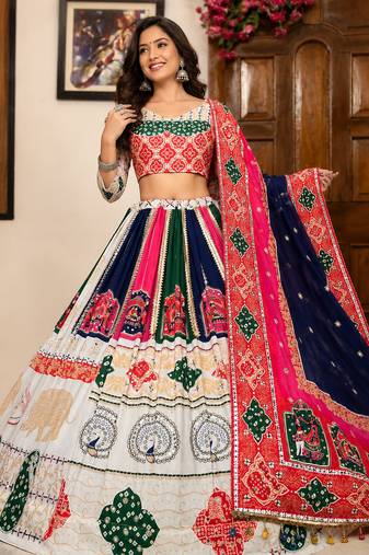 Multicolor Printed Muslin Cotton Blend Mirror Work Navratri Lehenga Choli