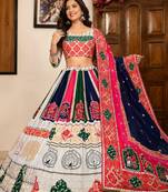 Multicolor Printed Muslin Cotton Blend Mirror Work Navratri Lehenga Choli