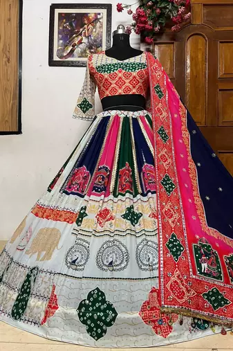 Multicolor Printed Muslin Cotton Blend Mirror Work Navratri Lehenga Choli