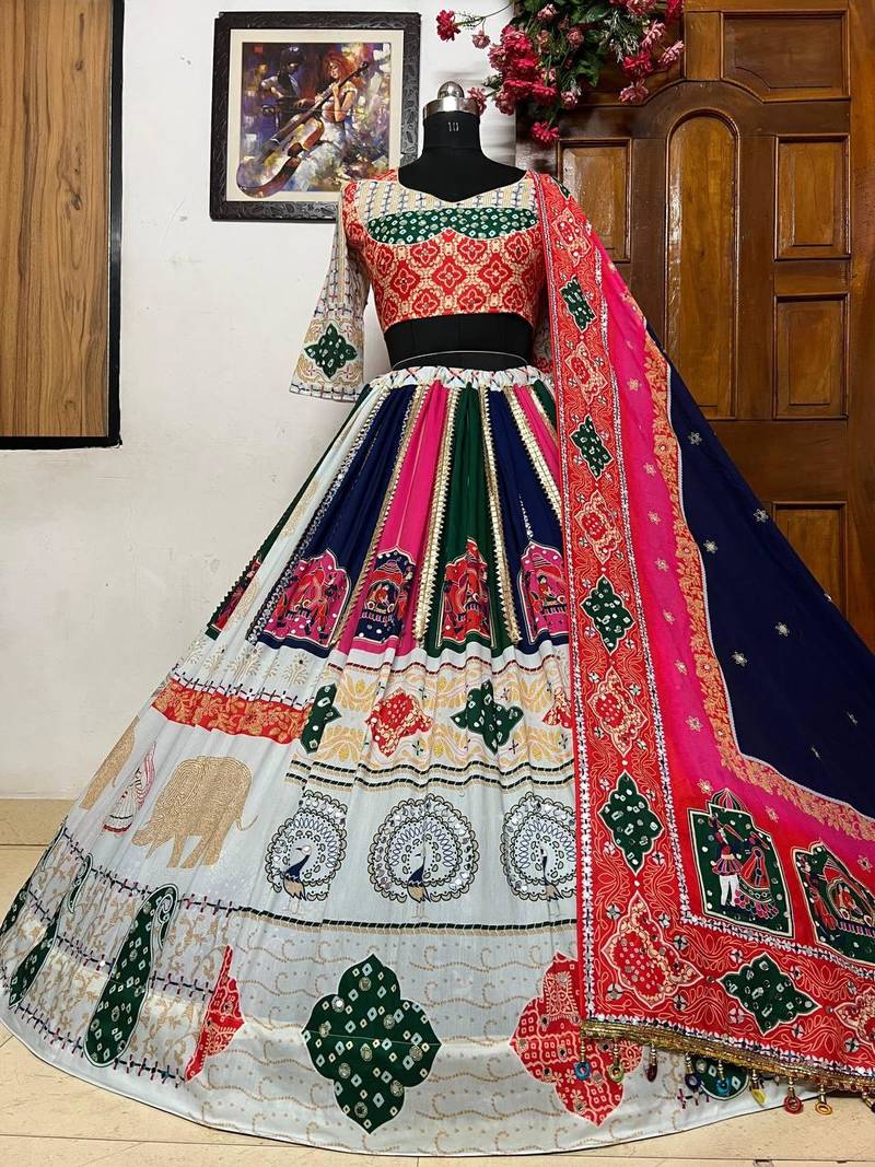 Multicolor Printed Muslin Cotton Blend Mirror Work Navratri Lehenga Choli