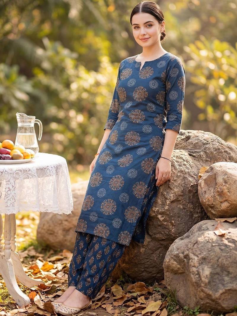 Women Ethnic Motifs Printed Regular Pure Cotton Kurta with Salwar
