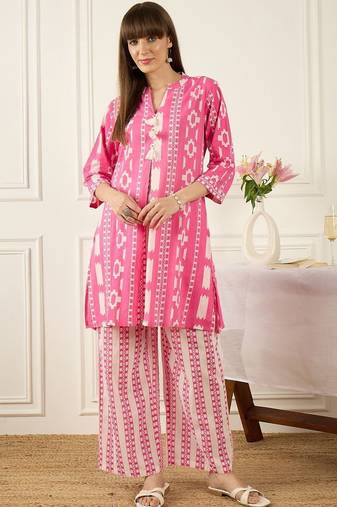 Floral Printed Thread Work Pure Cotton Kurta With Palazzos