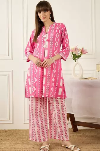 Floral Printed Thread Work Pure Cotton Kurta With Palazzos