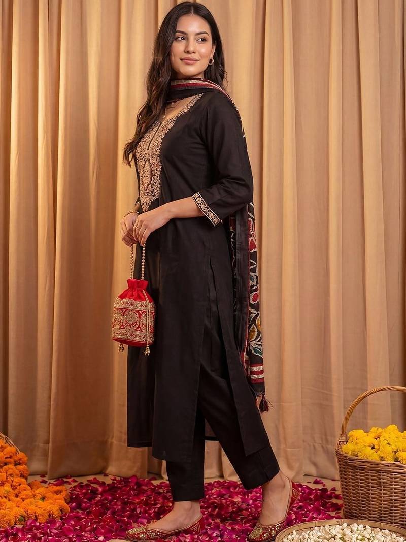 Women Ethnic Motifs Embroidered Regular Thread Work Kurta with Trousers & With Dupatta