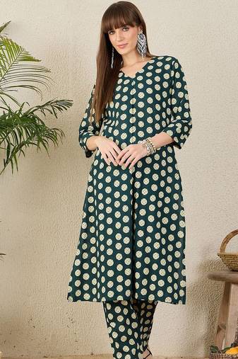 Polka Dots Printed Pleated V-Neck A-Line Pure Cotton Kurta with Trousers