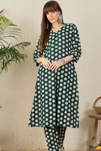 Polka Dots Printed Pleated V-Neck A-Line Pure Cotton Kurta with Trousers