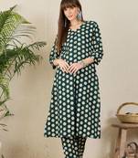 Polka Dots Printed Pleated V-Neck A-Line Pure Cotton Kurta with Trousers