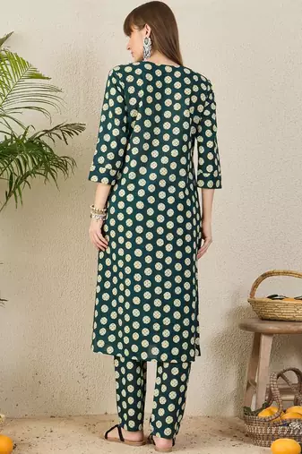 Polka Dots Printed Pleated V-Neck A-Line Pure Cotton Kurta with Trousers