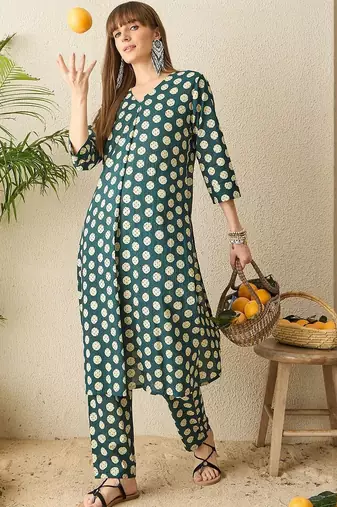 Polka Dots Printed Pleated V-Neck A-Line Pure Cotton Kurta with Trousers
