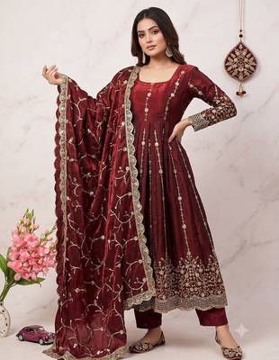 Designer maroon heavy zari & sequins work anarkali gown 1
