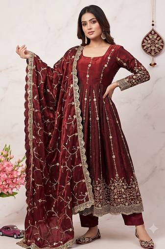 Designer maroon heavy zari & sequins work anarkali gown