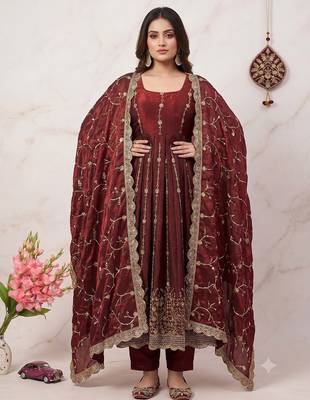 Designer maroon heavy zari & sequins work anarkali gown 2