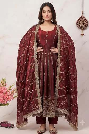 Designer maroon heavy zari & sequins work anarkali gown