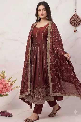 Designer maroon heavy zari & sequins work anarkali gown