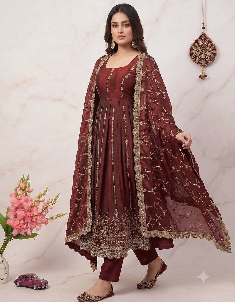 Designer maroon heavy zari & sequins work anarkali gown