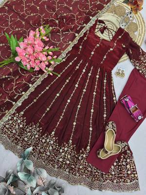 Designer maroon heavy zari & sequins work anarkali gown 4