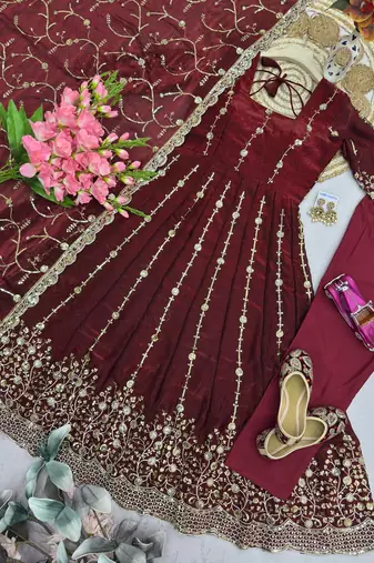 Designer maroon heavy zari & sequins work anarkali gown