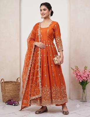 Designer orange heavy zari & sequins work anarkali gown 1