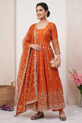 Designer orange heavy zari & sequins work anarkali gown