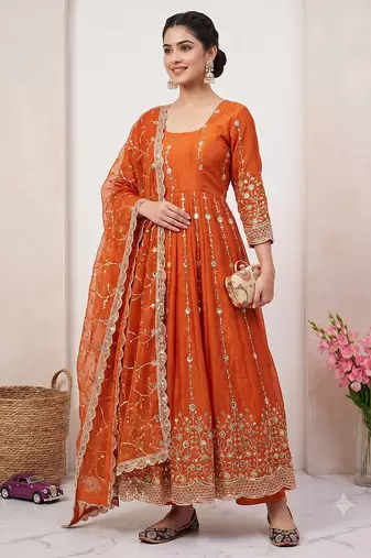 Designer orange heavy zari & sequins work anarkali gown