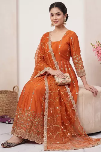 Designer orange heavy zari & sequins work anarkali gown