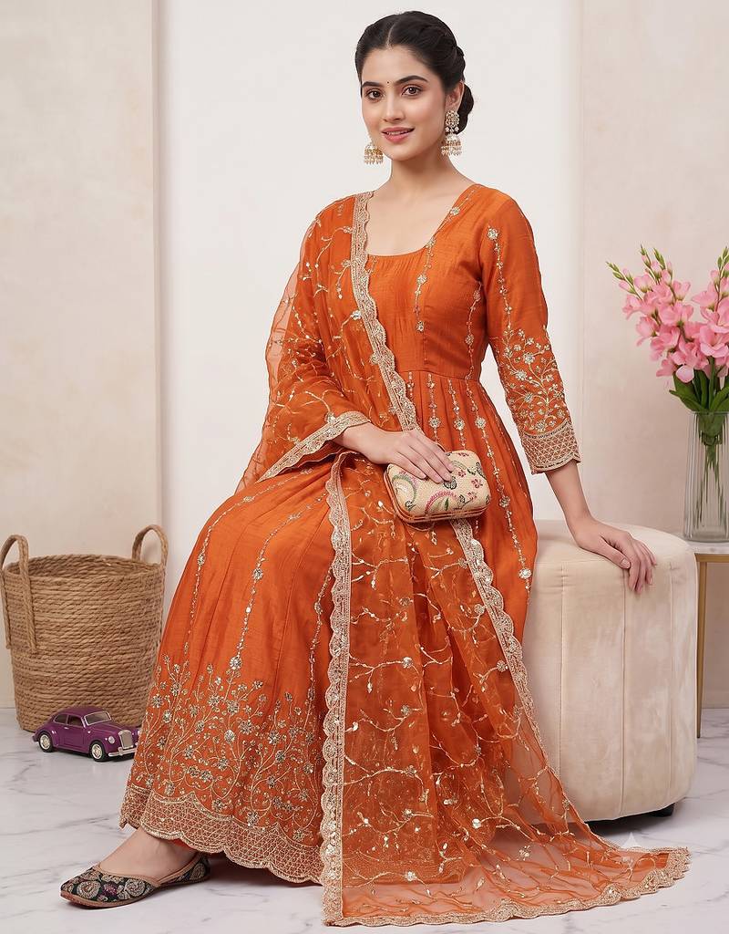 Designer orange heavy zari & sequins work anarkali gown