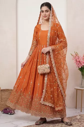 Designer orange heavy zari & sequins work anarkali gown
