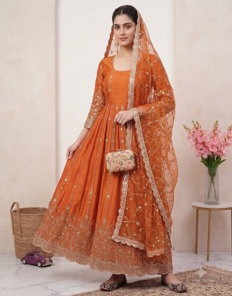 Designer orange heavy zari & sequins work anarkali gown