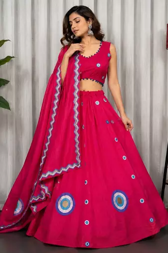 Rani Pink Embroidery and sequins And Aari mirror Silk Blend Lahenga Choli Set 