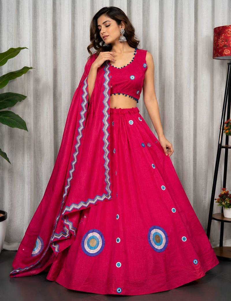Rani Pink Embroidery and sequins And Aari mirror Silk Blend Lahenga Choli Set 