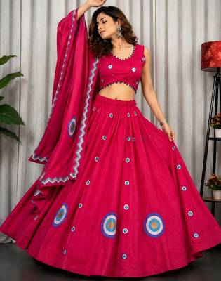 Rani Pink Embroidery and sequins And Aari mirror Silk Blend Lahenga Choli Set  4